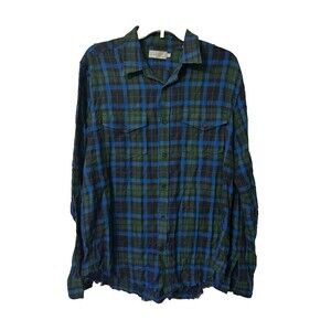 Vince Plaid Flannel Button Down Long Sleeve Mens Medium Green Blue Frayed Hem
